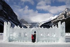 18B Castle Ice Sculpture On Frozen Lake Louise With Mount Victoria and Mount Whyte Behind
